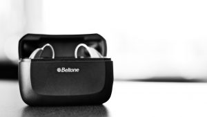 Black and white photo of Beltone hearing aids