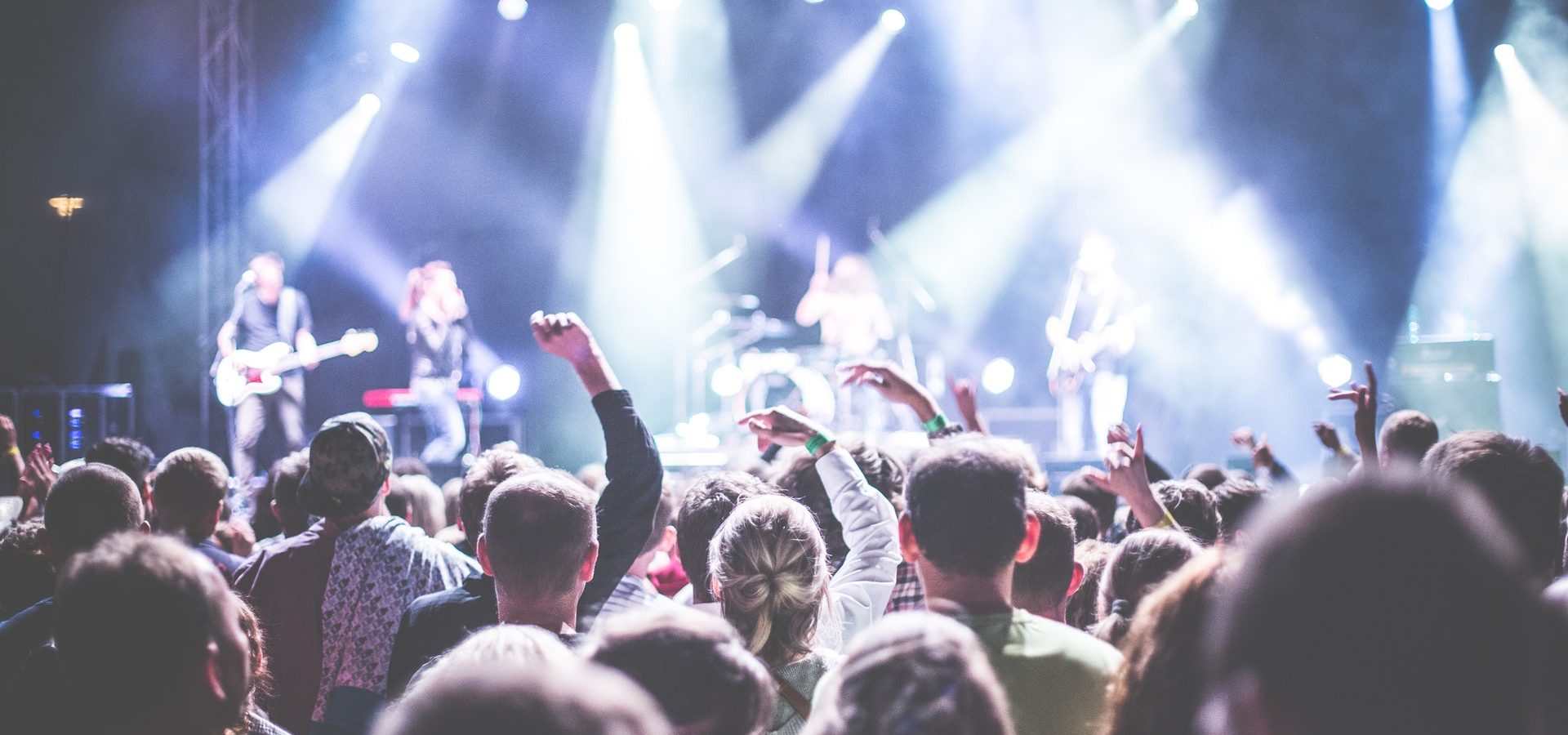 Audience watching a loud concert, at risk of noise induced hearing loss
